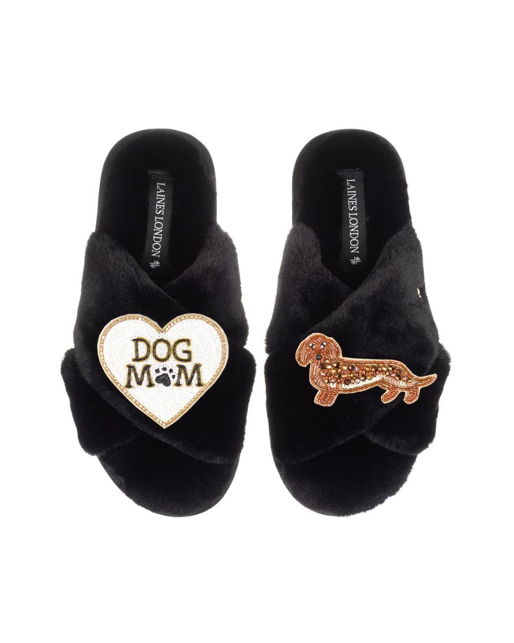 Laines London Black Classic Laines Slippers With Dog Mum/Mom & Dachshund Brooches