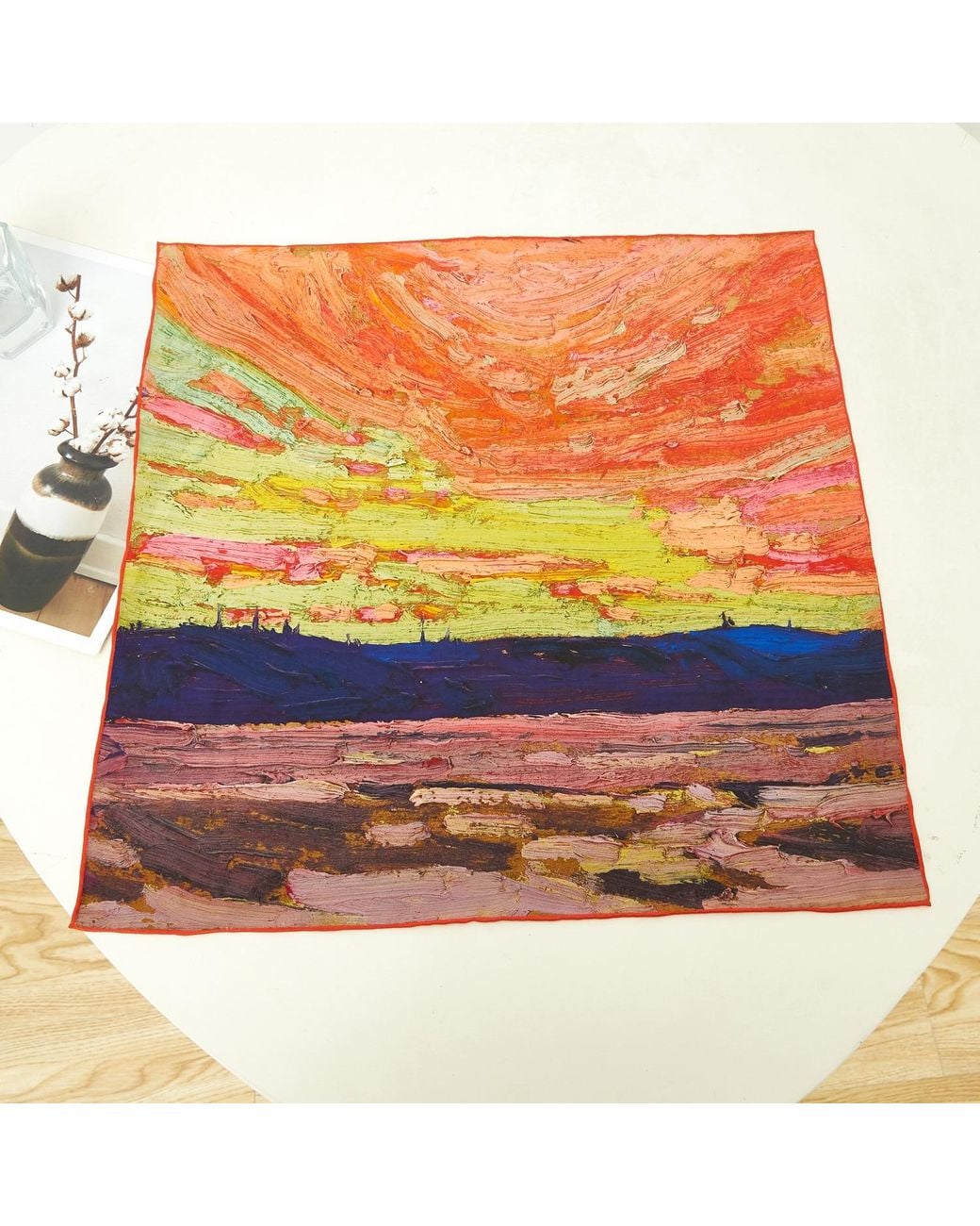 Soft Strokes Silk Purple Pure Silk Scarf Oil Painting Sunset By Tom Thomson Large