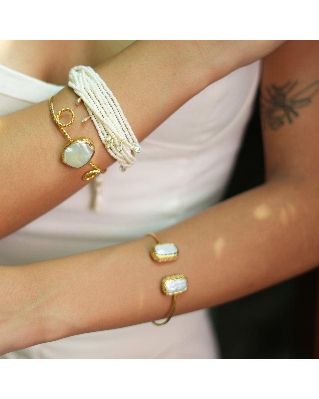 Ebru Jewelry Metallic Double Pearl Stone Open Cuff Bangle Bracelet