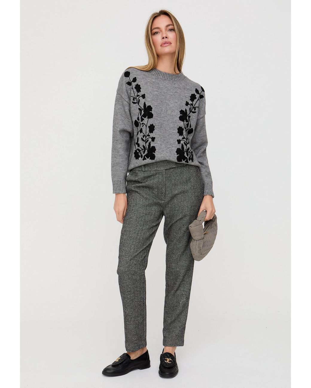 Lily and Lionel Gray Pandora Tapered Herringbone Print Trouser