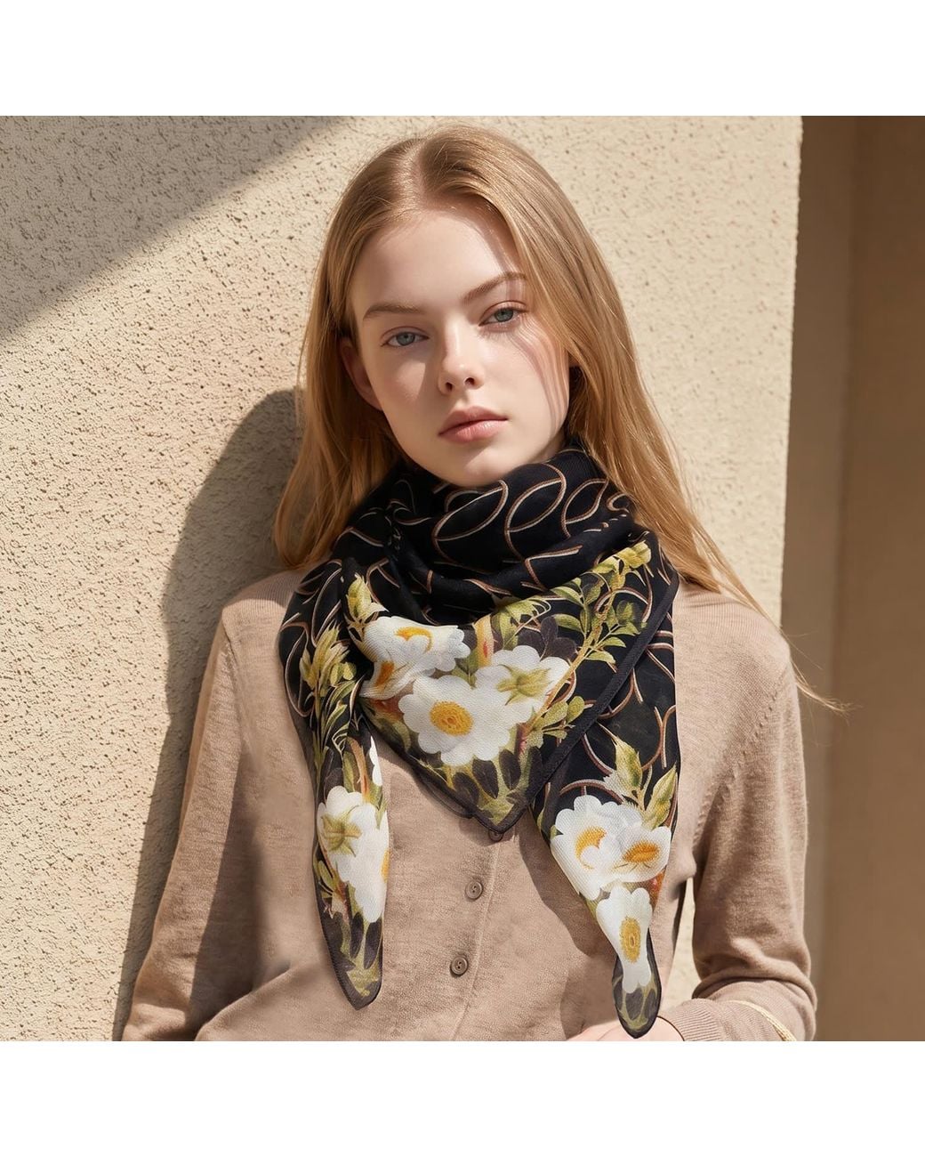 Ana Maison Blue Sophisticated Linework Bloom Silk Wool Scarf