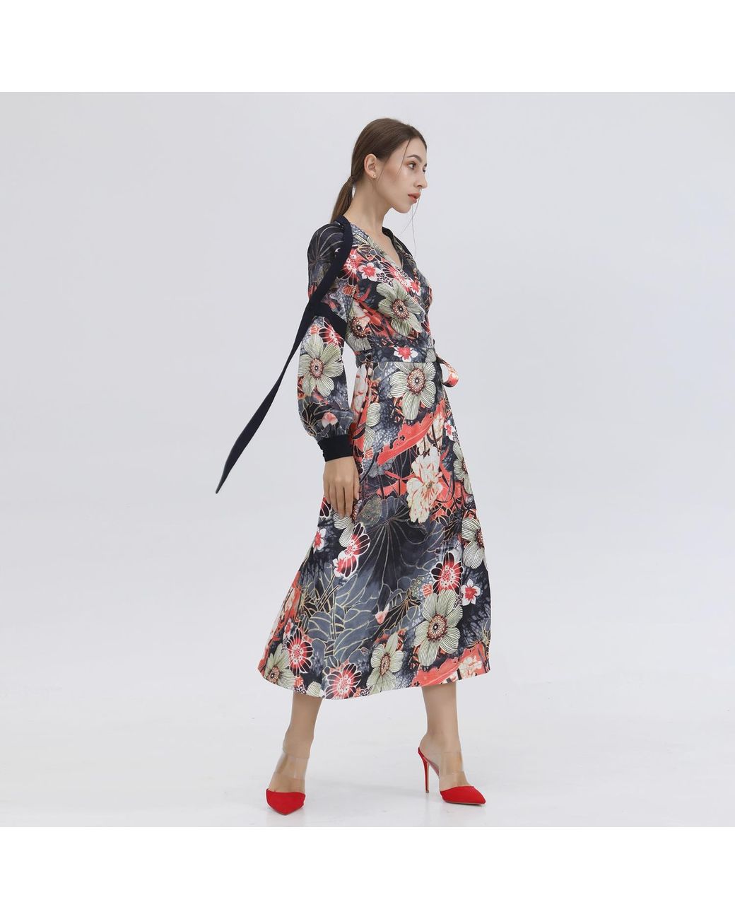 Smart and Joy Red Wrap Dress With Flower Print And Satin Bias
