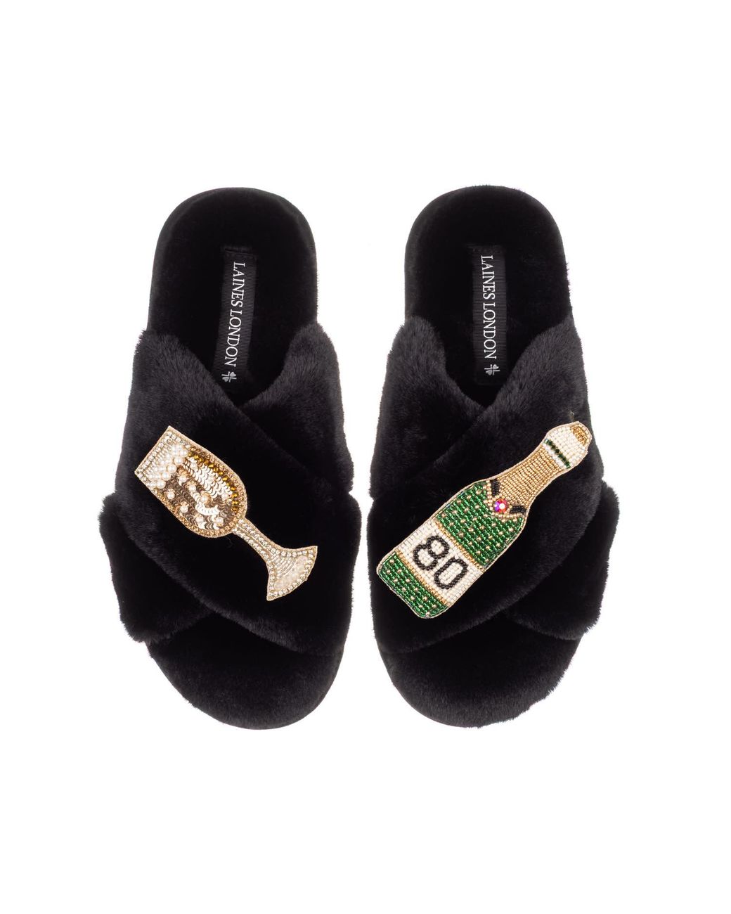 Laines London Black Classic Laines Slippers With Champagne & Glass 80Th Birthday Brooches