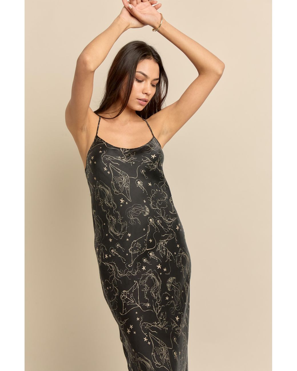 Lily Rou Black Silk Ray Midi Slip Dress