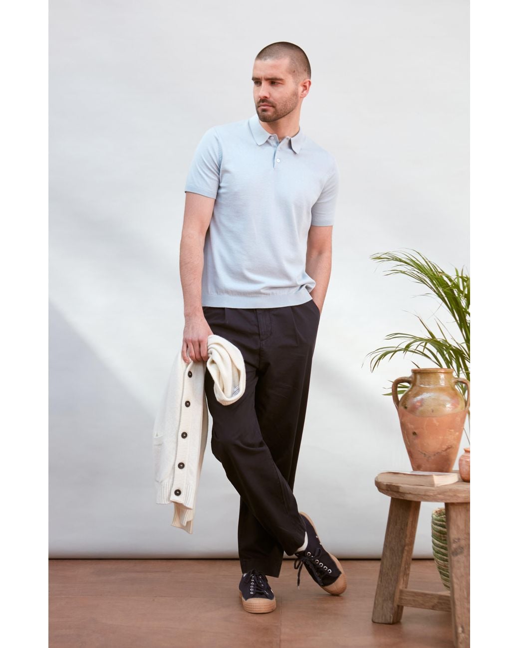 Paul James Knitwear Blue Ultra Fine Cotton Earll Short Sleeve Polo Shirt for men