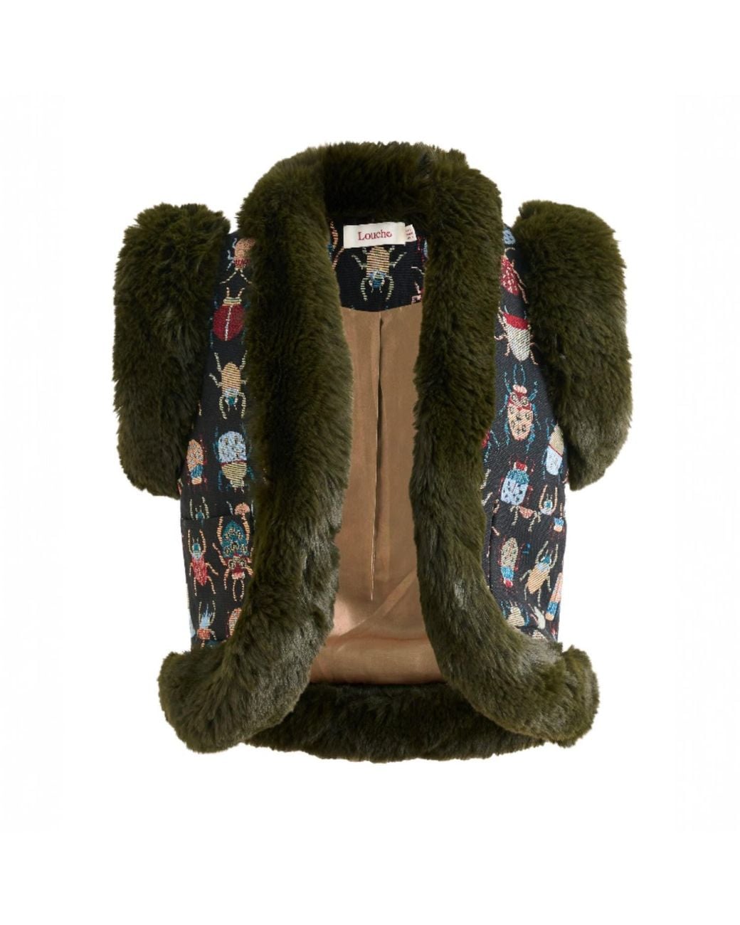 Louche Green Dominica Beetlejuice Jacquard Faux Fur Trimmed Waistcoat