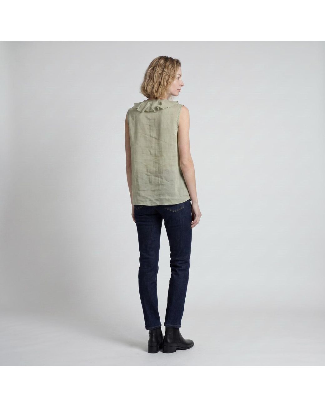Modenaire Green Sleeveless Ruffle Front Blouse With Lace Inset Trim And V Neckline