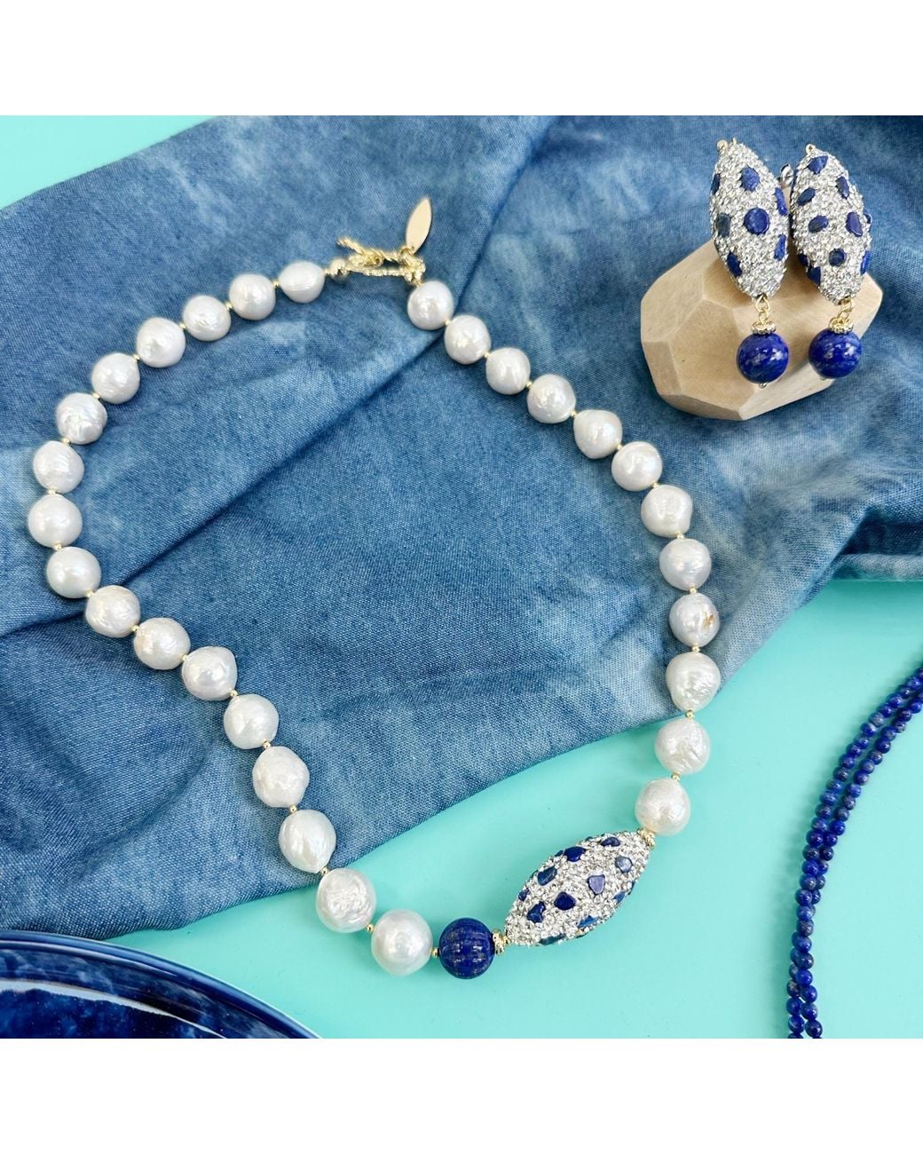 Farra Metallic Irregular Freshwater Pearls With Lapis Rhinestone Statement Necklace
