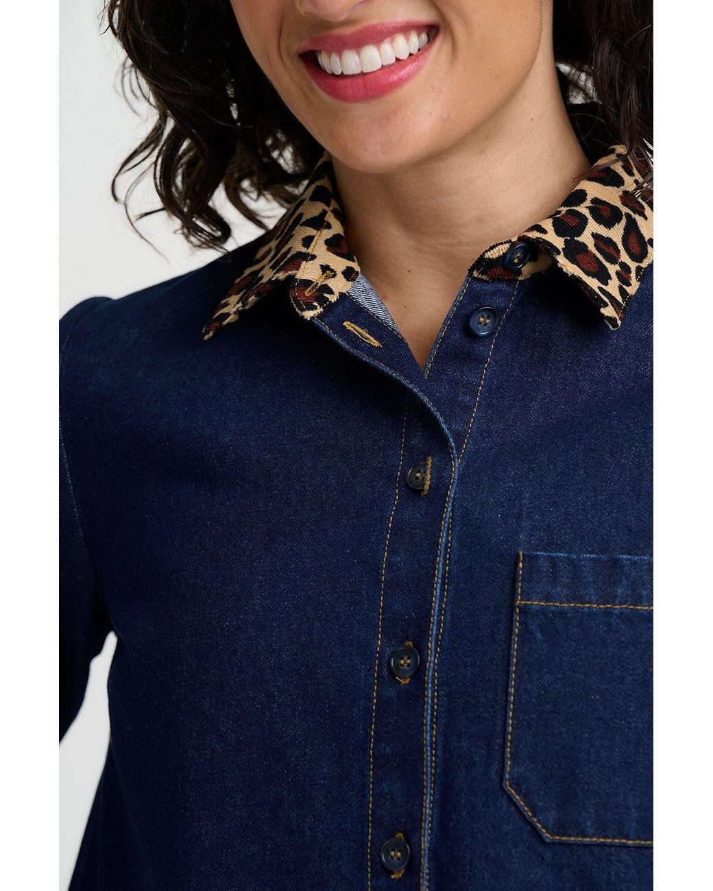 Sugarhill Blue Ilsa Short Denim Shirt Dress Leopard