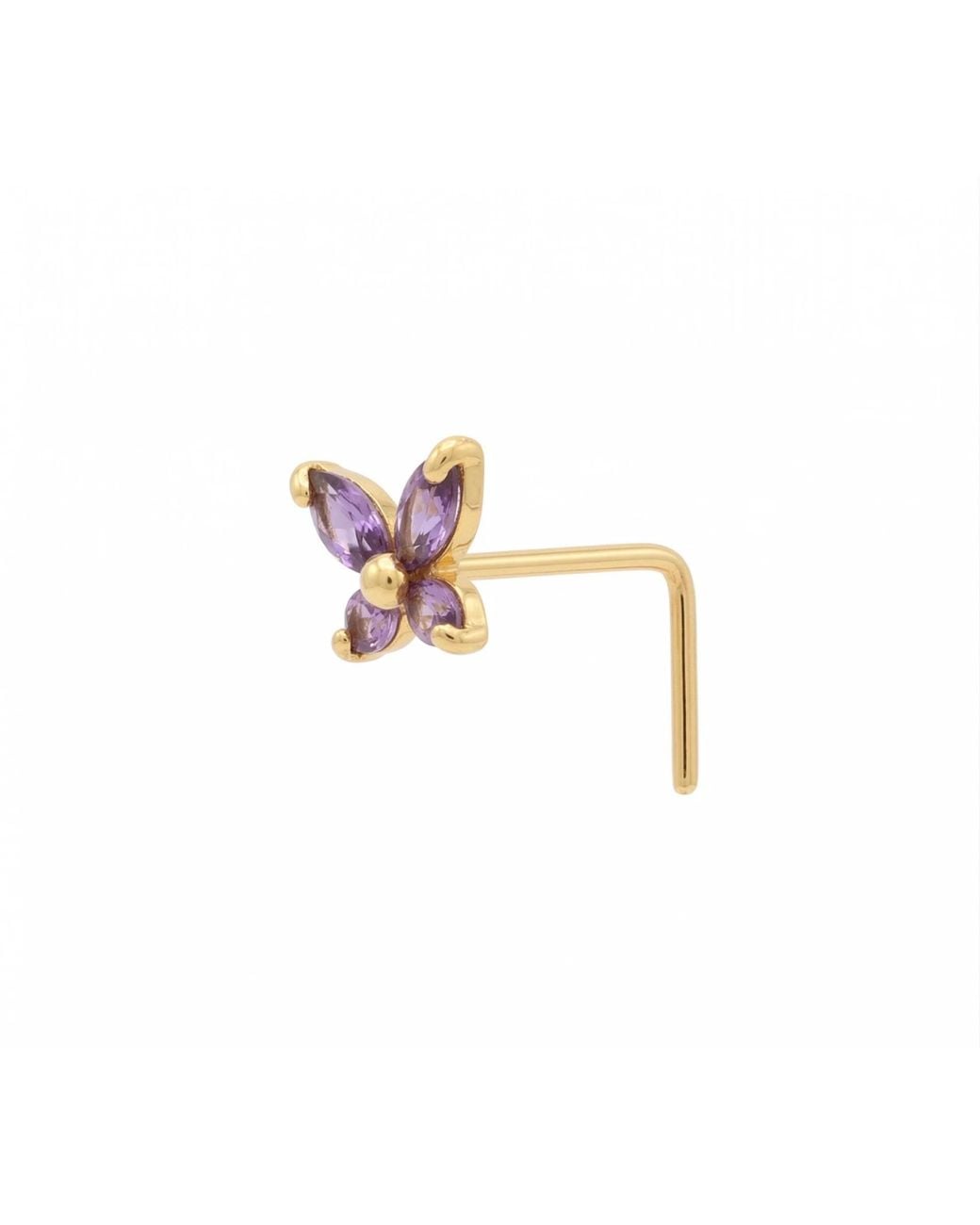Zahav Jewelry Metallic 14K Solid 24G Amethyst Cz Butterfly L-Shape Nose Stud