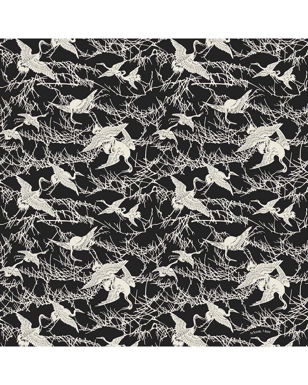 Artemis Muse Black Neutrals Vintage Japanese Cranes Ivory & Cotton Scarf