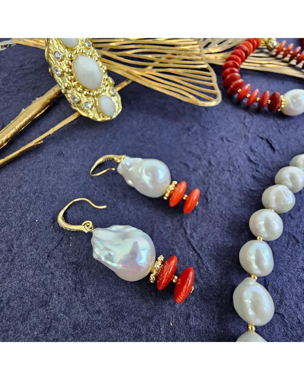 Farra White Baroque Pearl With Bamboo Coral Earrings
