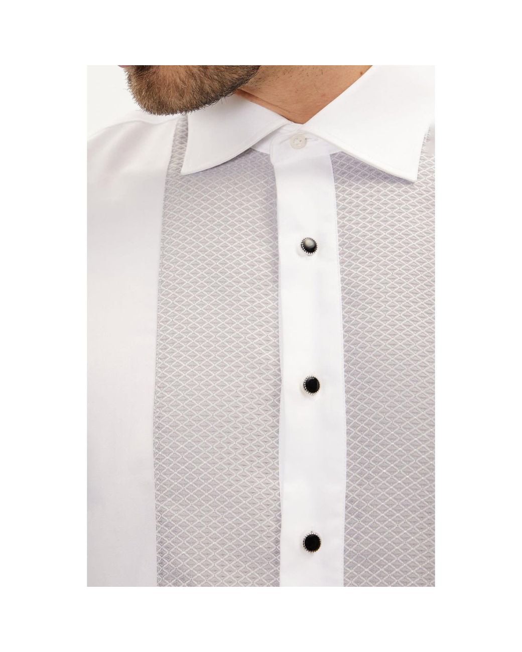 Ron Tomson White Lurex Paneled Spread Collar Shirt for men