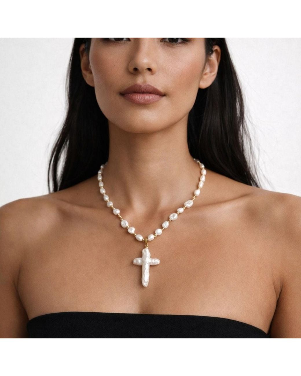 Babaloo Metallic Freshwater Pearl Cross Necklace