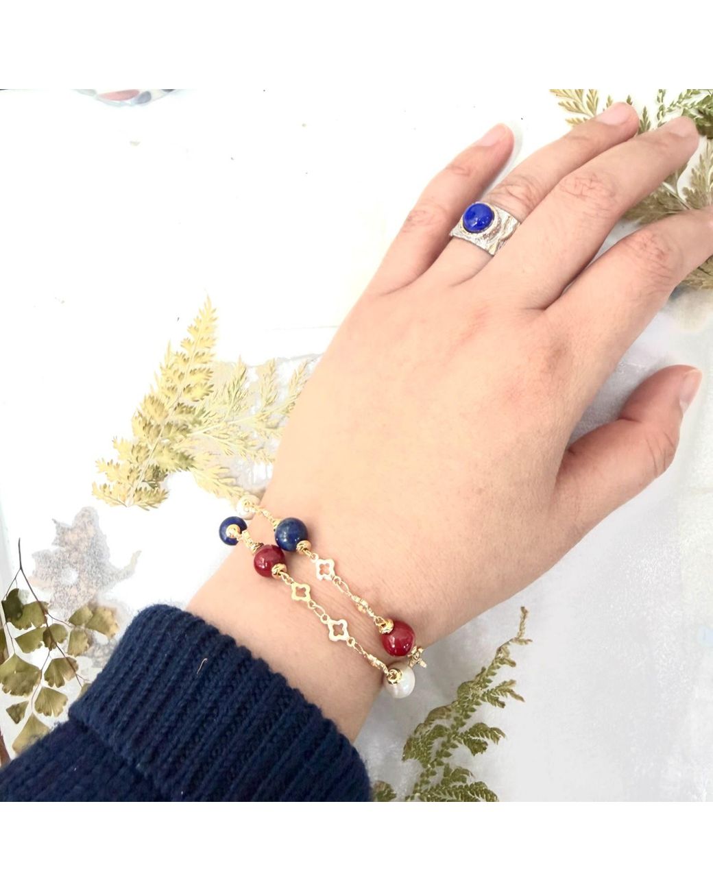 Farra Blue Lapis Bamboo Coral And Pearl Double Layer Chain Bracelet