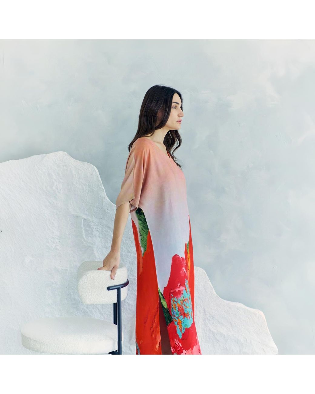 DHARA SHETH DUBAI Red Coral Mirage Floral Kaftan Maxi Dress With Side Slits