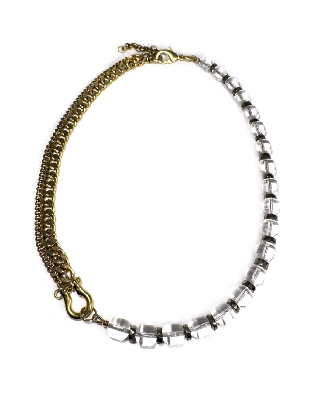 Rachel Nathan Metallic Shackle Duo: Rock Quartz & Pyrtie Necklace