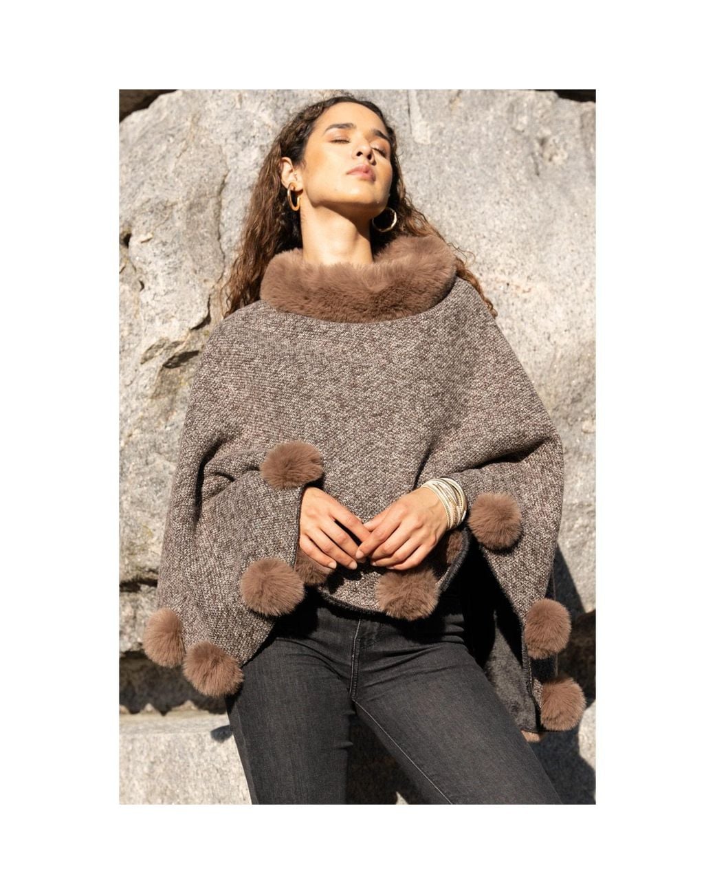 Saachi Brown Faux Fur Burly Wood Poncho Pom Pom
