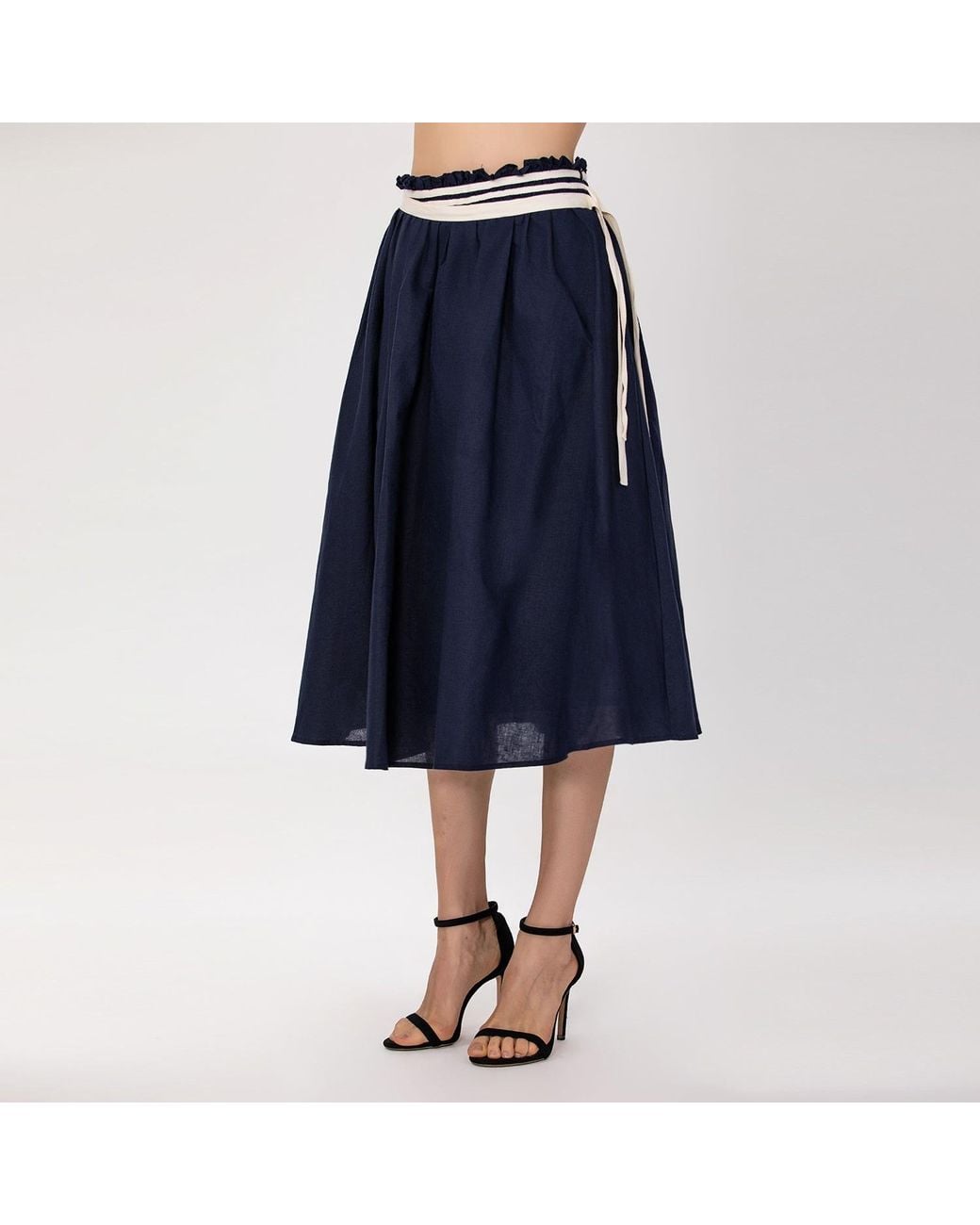Smart and Joy Blue Flared Linen Midi Skirt