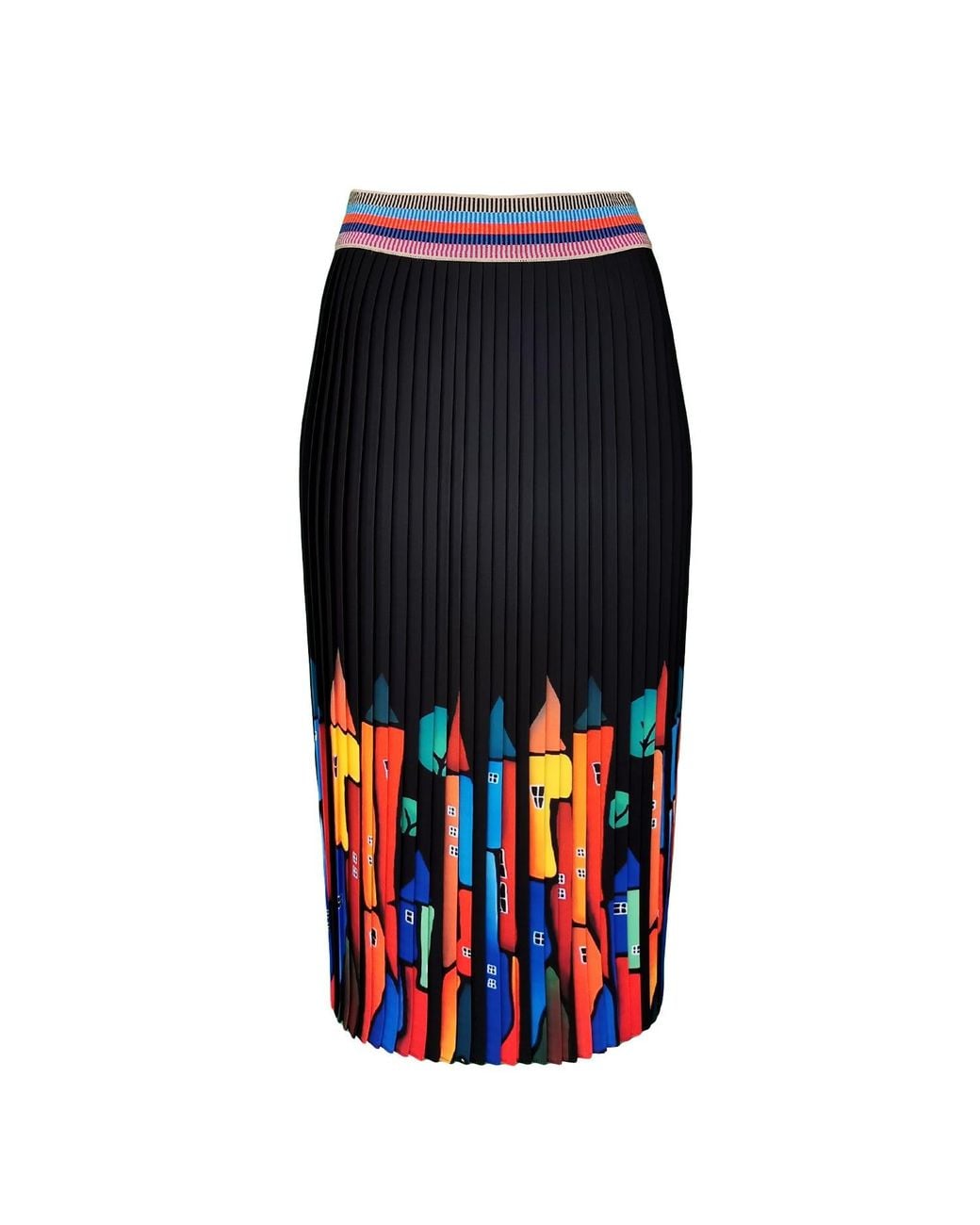 Lalipop Design Black Midi Pleated Skirt With Colorful House Prints