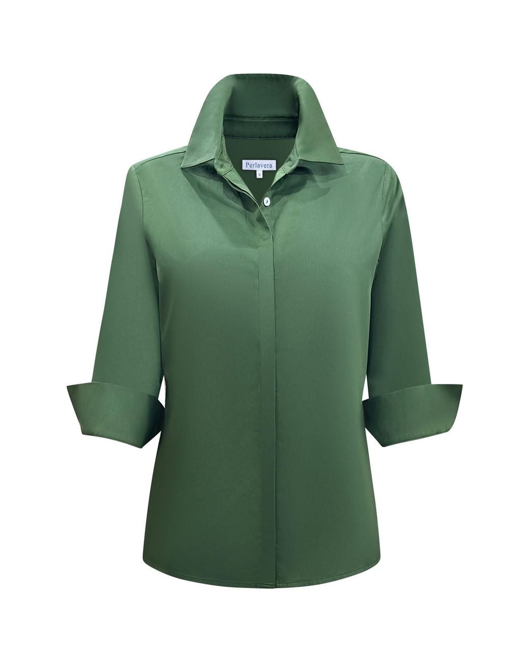 Perlavera Green Cox Solid Cotton Satin Three Quarter Sleeve Length Slim Fit Shirt