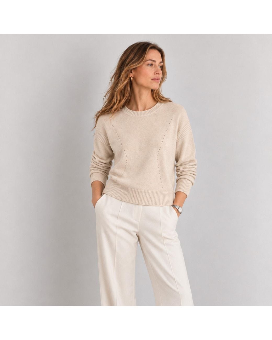 Nuvv Collection Natural Neutrals Cashmere-Wool Blend Round Necked Knit Sweater