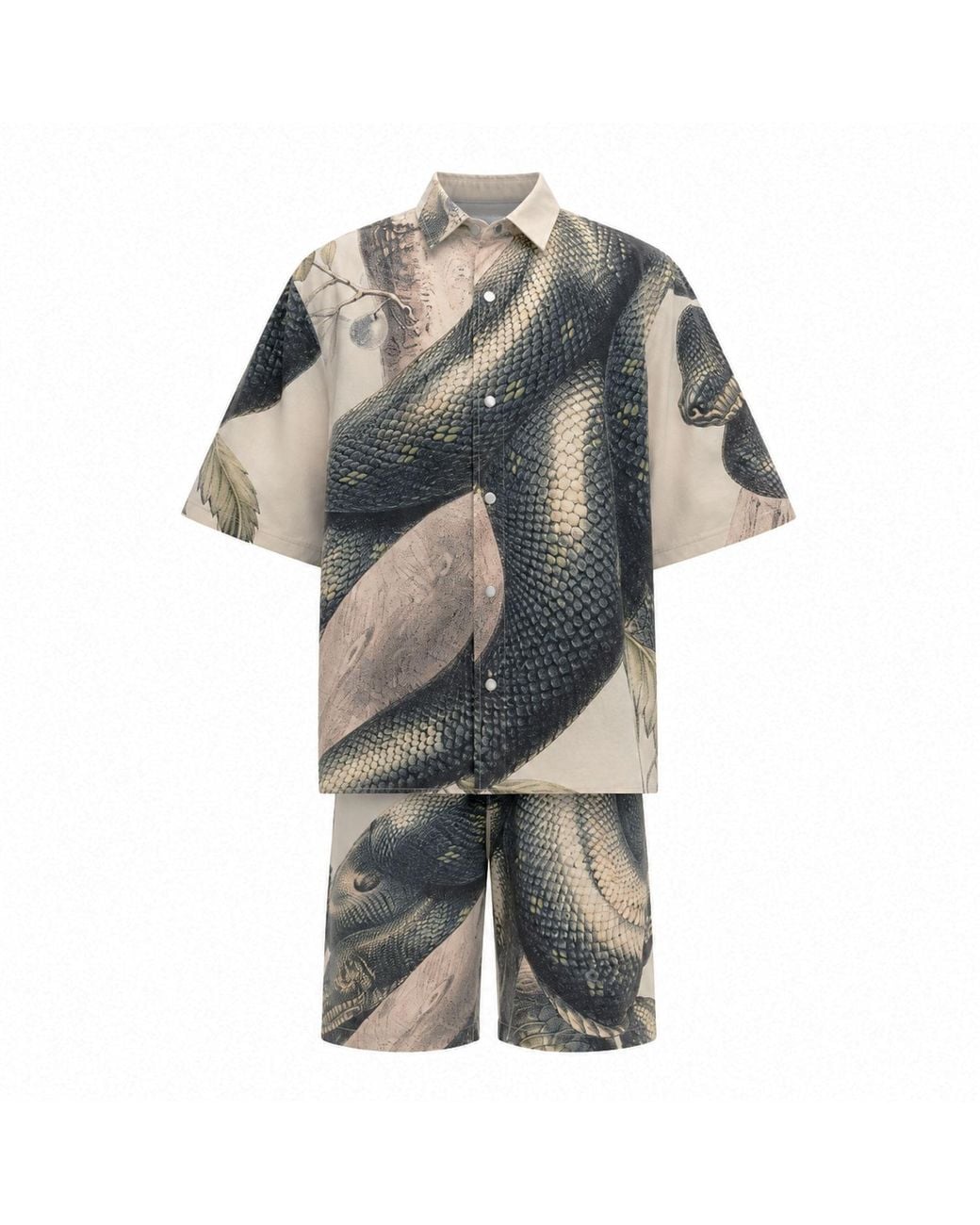 mysimplicated Natural Neutrals Short Sleeve Shirt And Bermuda Set With Snake Design for men