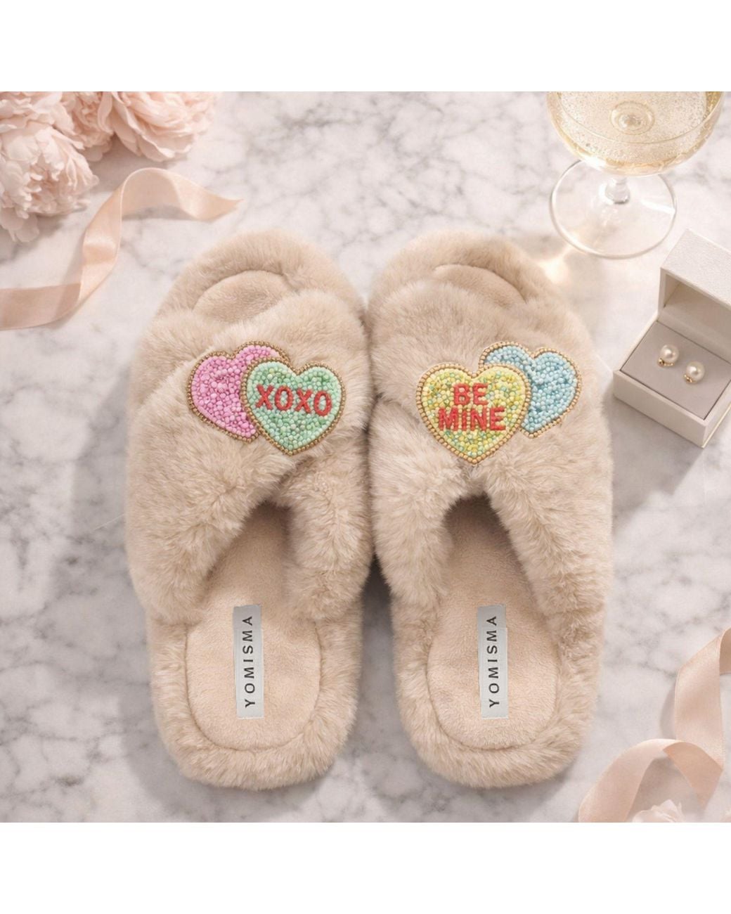 Yomisma Natural Neutrals Eco Faux Fur Slippers – Recycled Faux Fur “Be Mine + Xo” Valentines Removable Hand Beaded Brooches