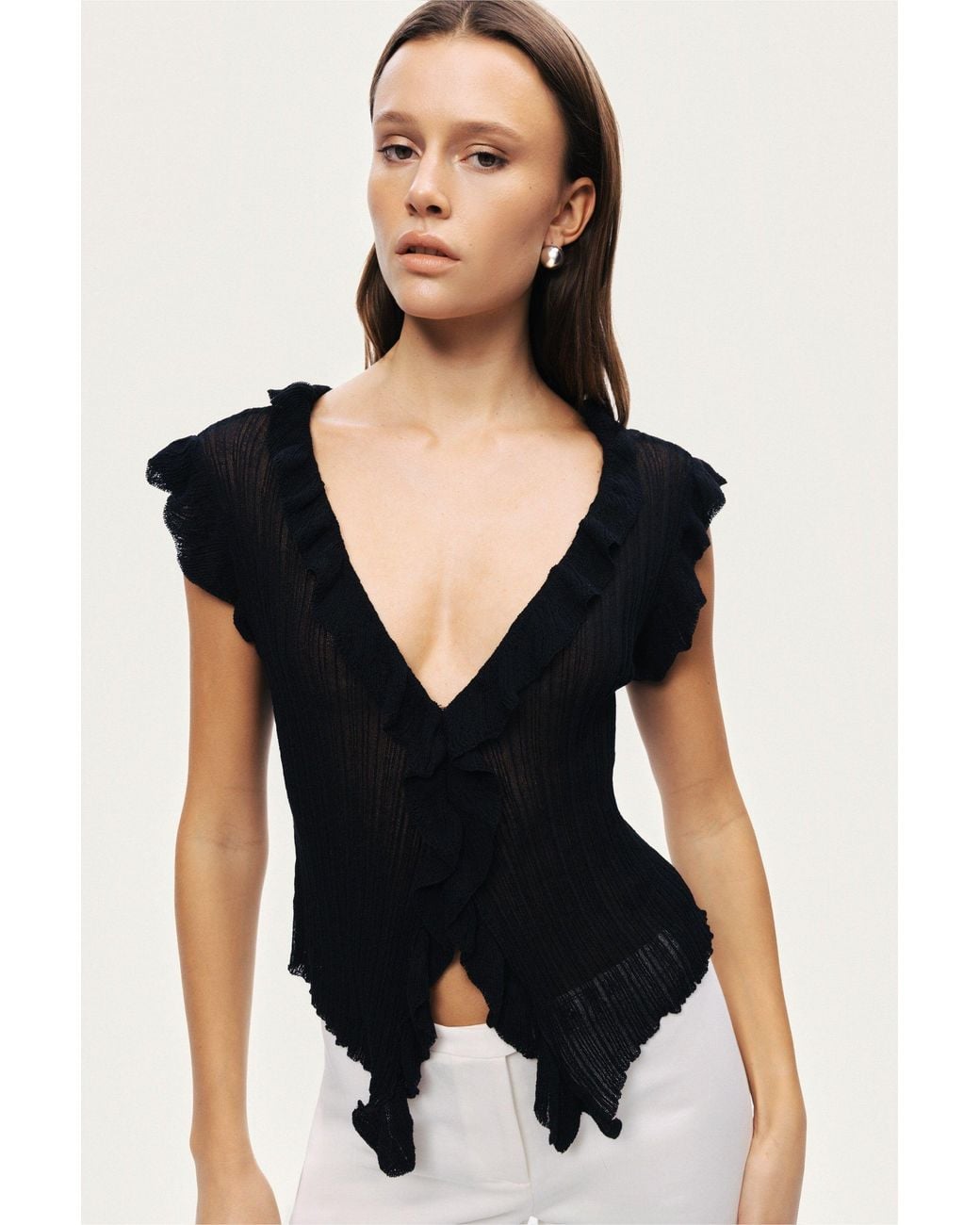Nocturne Black Ruffled V-Neck Sheer Blouse