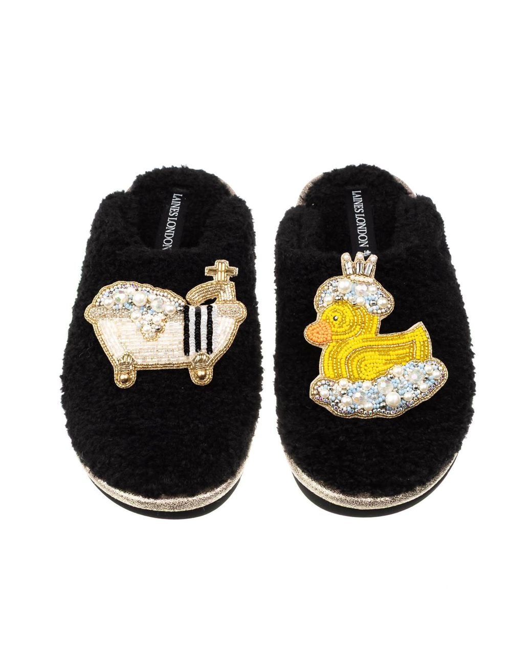 Laines London Black Teddy Closed Toe Slippers With Rubber Duck Bath Queen Brooches