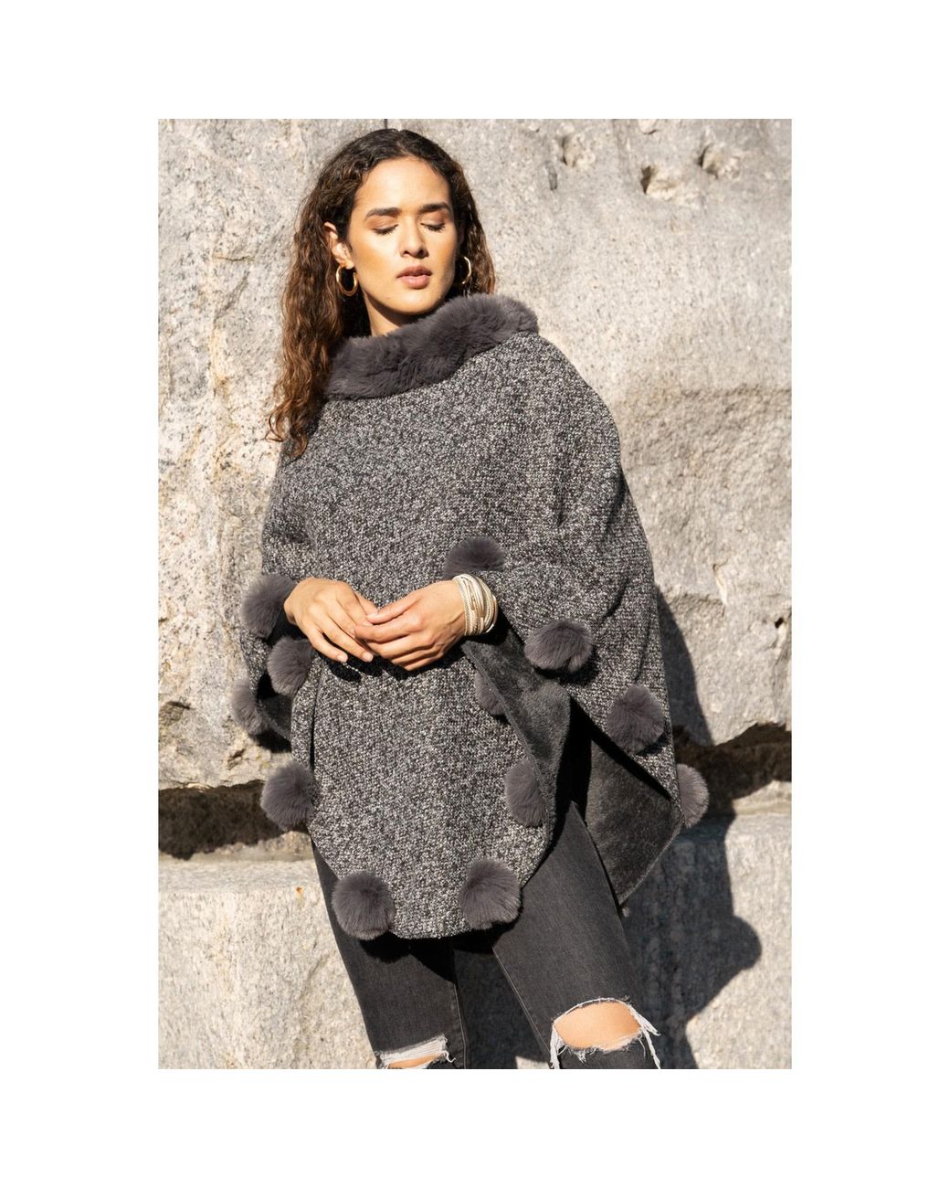 Saachi Gray Faux Fur Poncho Pom Pom