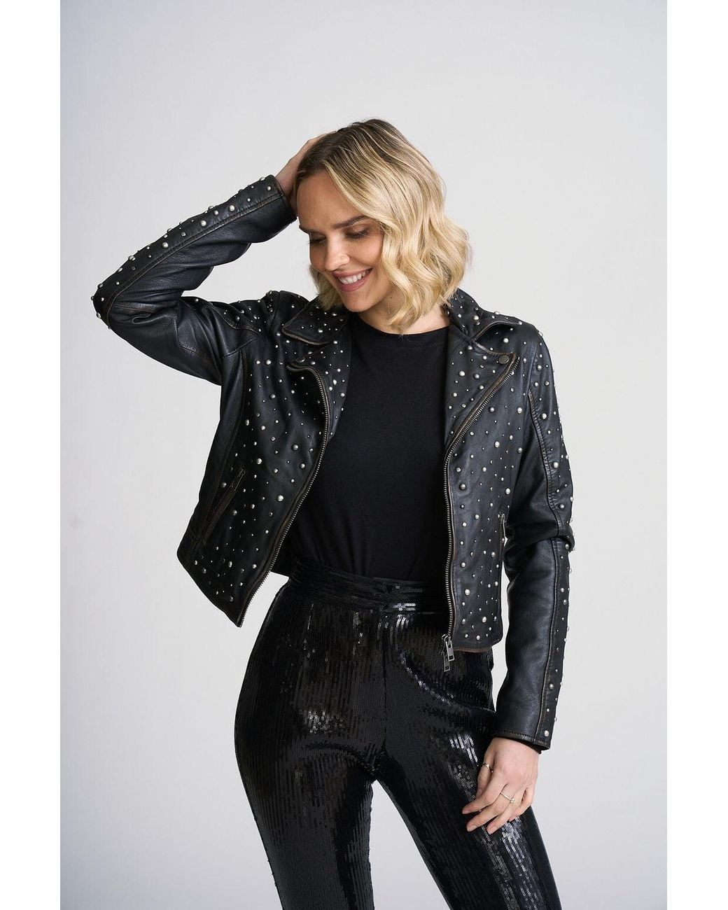 Mauritius Black Embellished Lambskin Leather Jacket Roxanne