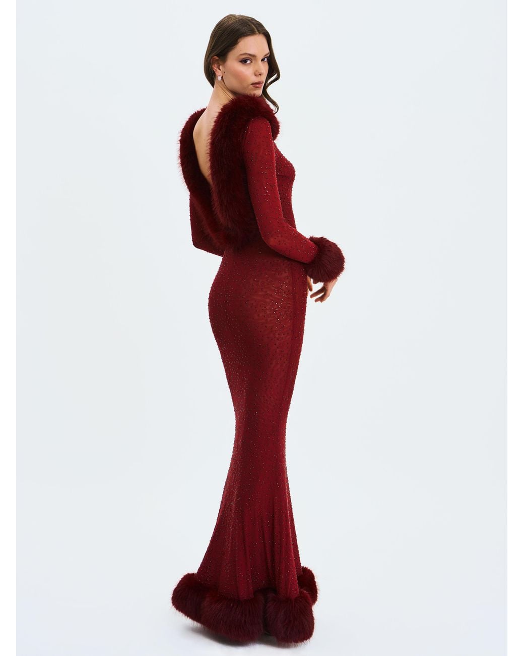 Miss Circle New York Purple Mellie Burgundy Regular-Length Rhinestone Mesh Low Back Mermaid Gown