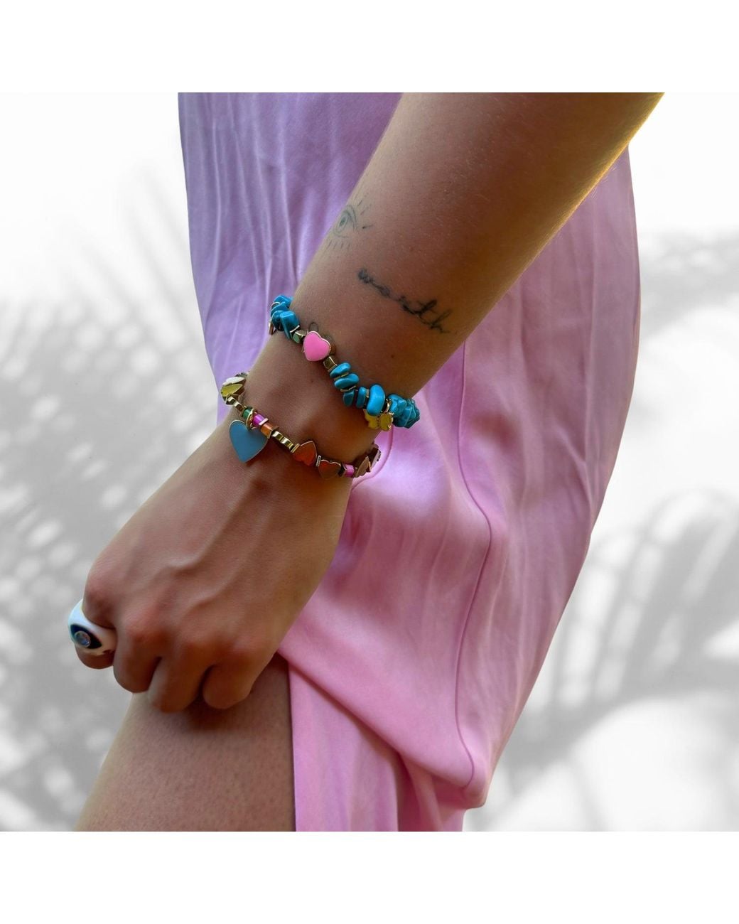Ebru Jewelry Metallic Heart Charm Beaded Bracelet