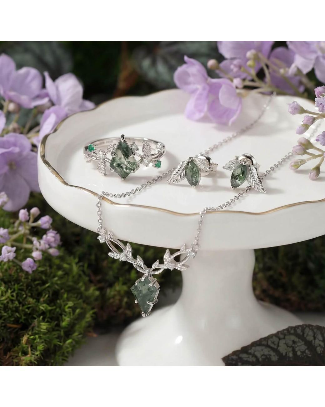 Azura Jewelry New York Metallic Elven Entwine Moss Agate Necklace Vermeil
