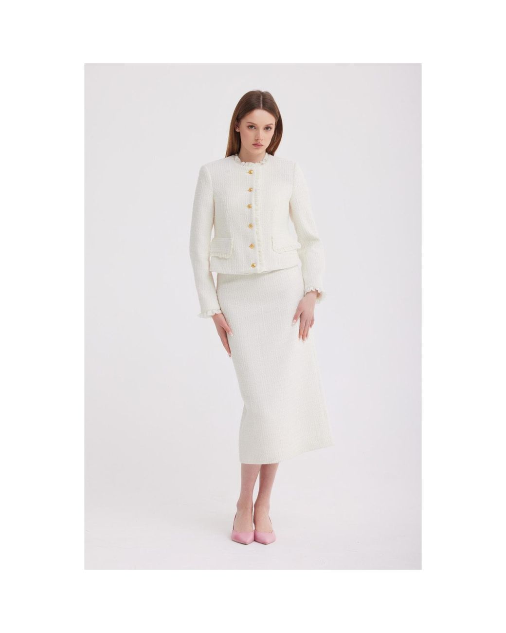 Georgette White Ivory Tweed Skirt Suit