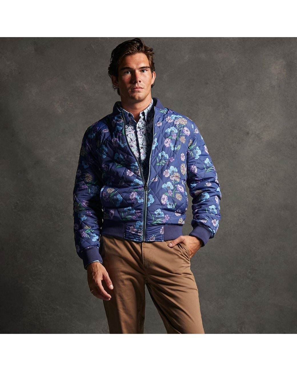 Lords of Harlech Blue Ron Spaced Floral Reversible Bomber Jacket for men