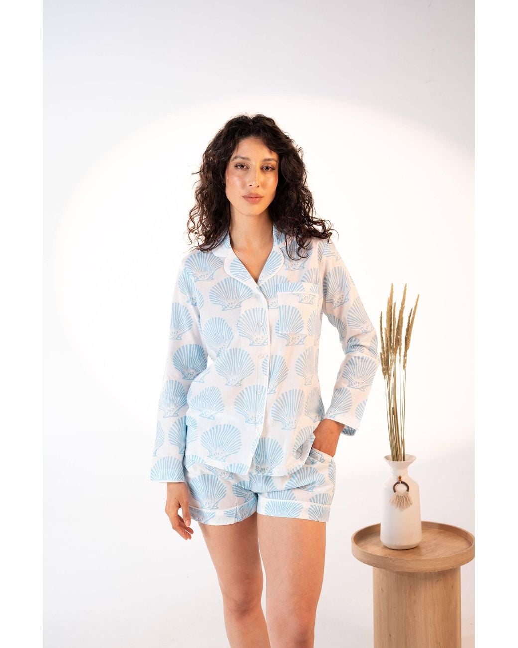 Carolina Benoit Blue Coastal Shell Block Print Short Pajama