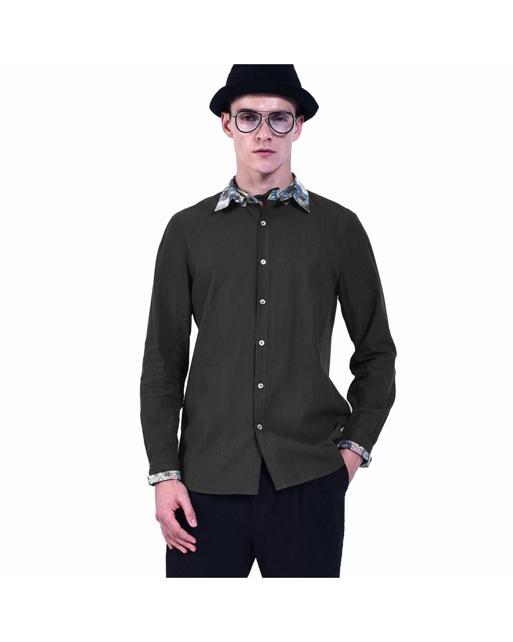 Smart and Joy Black Long-Sleeves Shirt With Printed Collar And Cuffs for men
