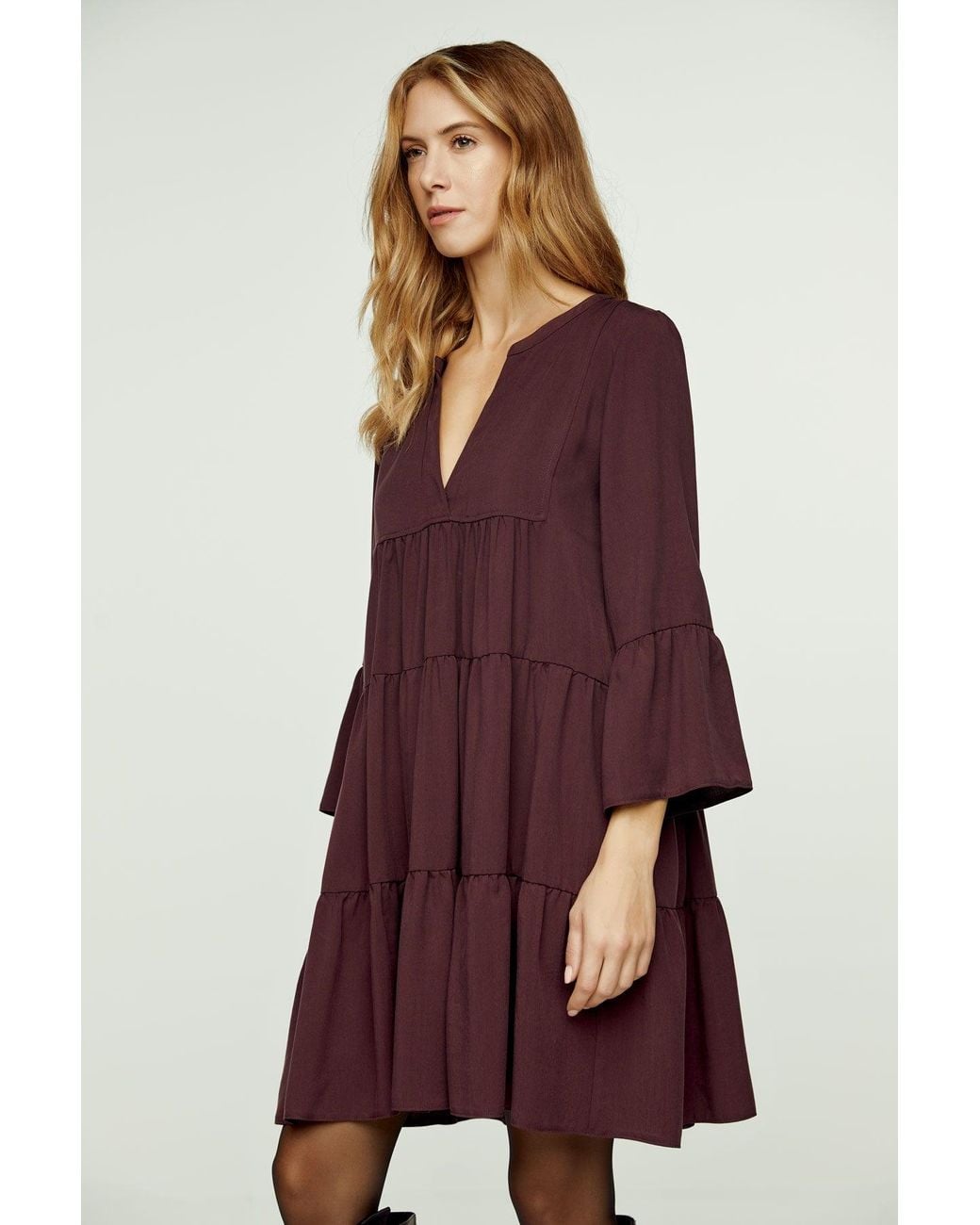 Conquista Purple Dark Burgundy Tencel Gathered Seams Dress