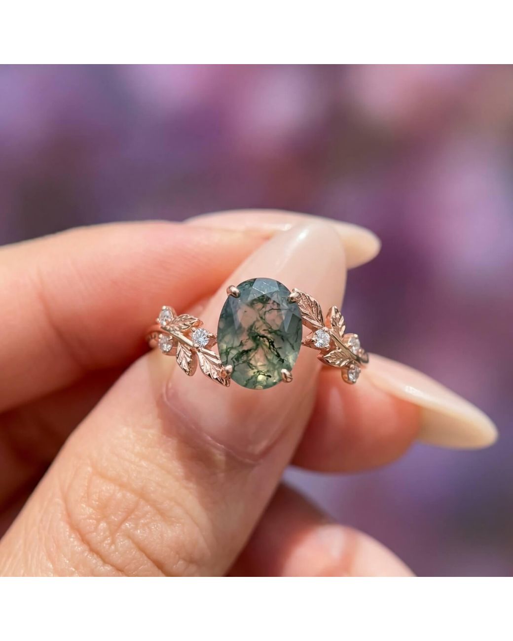 Azura Jewelry New York Metallic Between The Leaf Oval Moss Agate Ring Solid