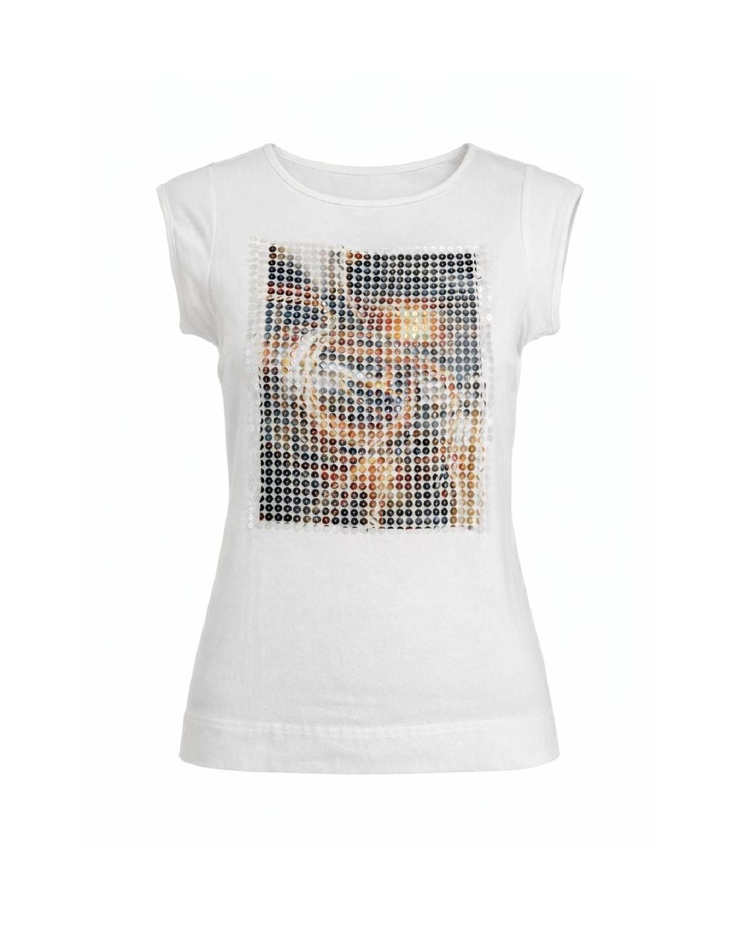 Conquista White Embellished Graphic Cap-Sleeve Top