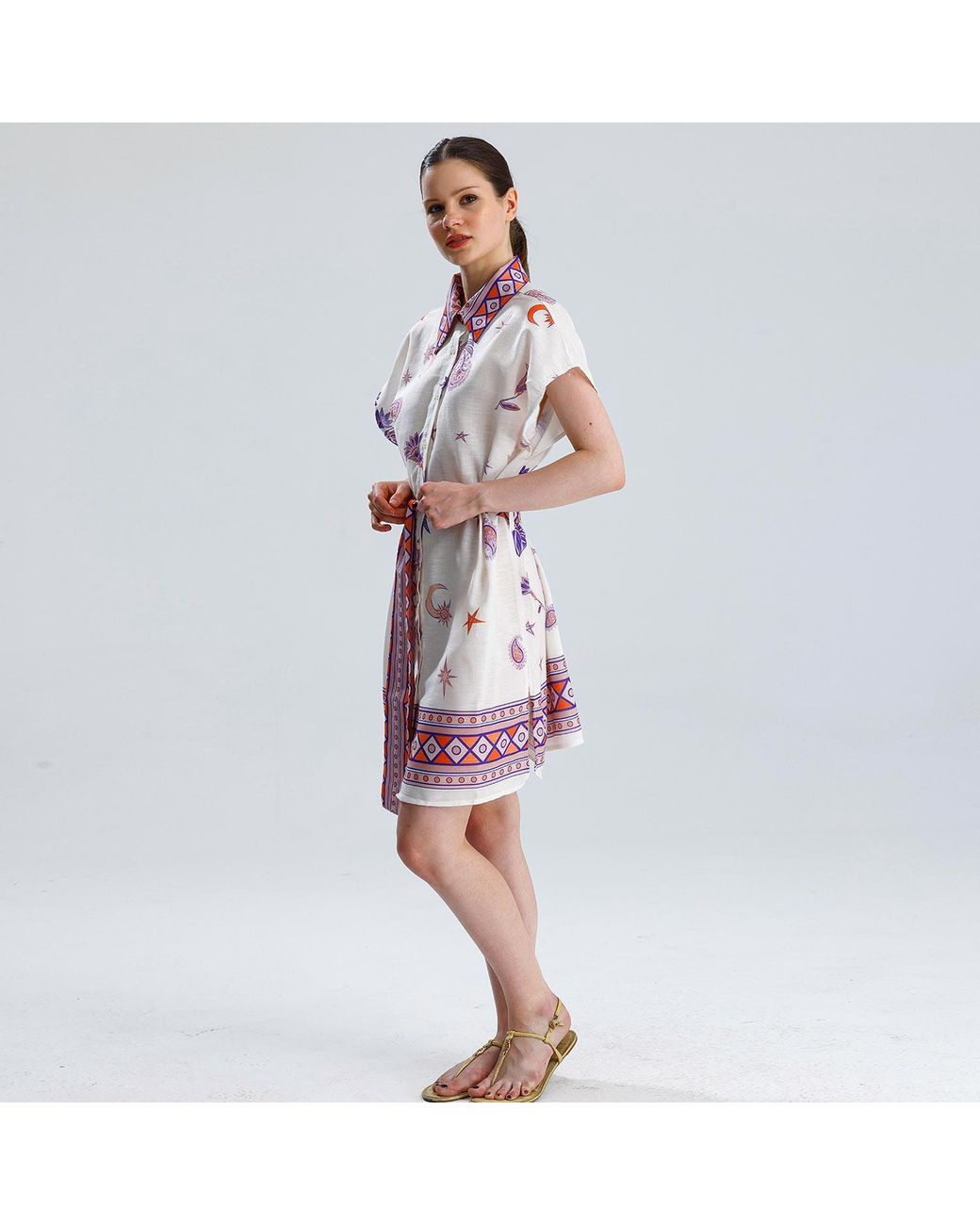 LOVEIST STORE Purple Morocco Linen Blend Belted Shirt Dress