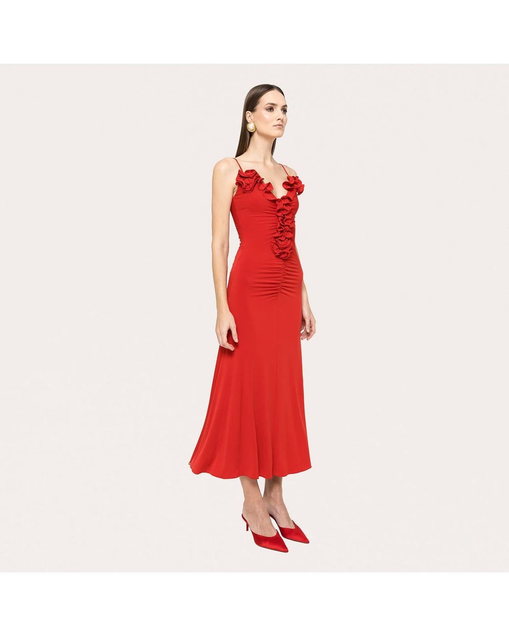Nissa Red Floral-Applique Jersey Midi Dress