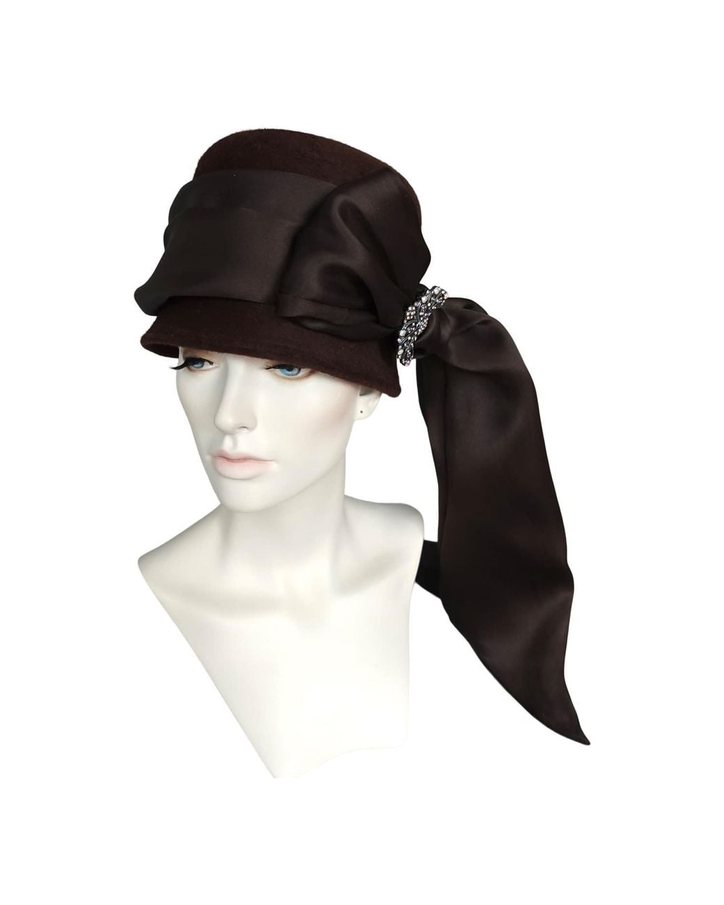 Romer Millinery Black Belle Cloche Vintage Felt With Organza Tie & Vintage Pin One Of A Kind