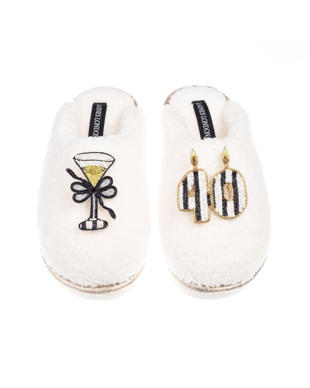 Laines London White Teddy Closed Toe Slippers With Stripe 40Th Birthday & Champagne Glass Brooches