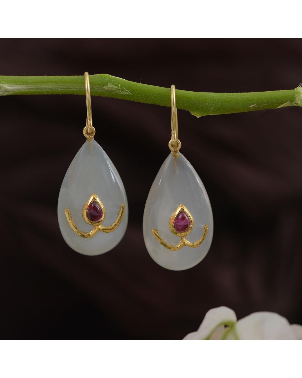 Emma Chapman Jewels White Snowflake Moonstone Ruby Earrings