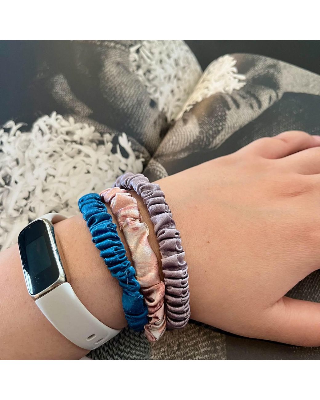 Soft Strokes Silk Blue Set Of Three Pure Mulberry Silk Skinny Scrunchies Weekly Special Hair Ties Pastel Leopard
