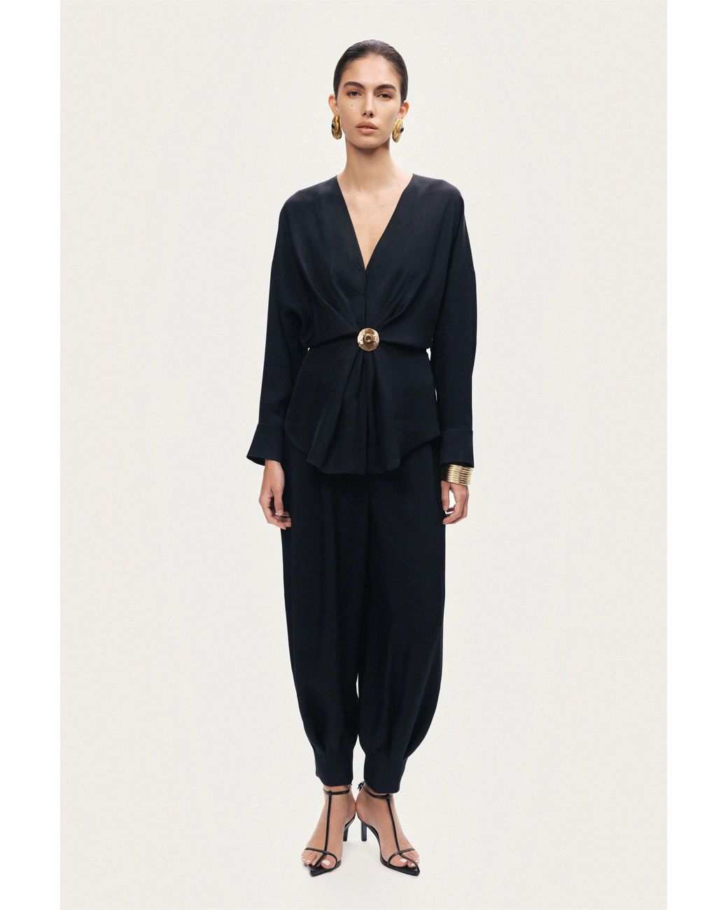 Nocturne Black Draped Buckle-Detail Shirt