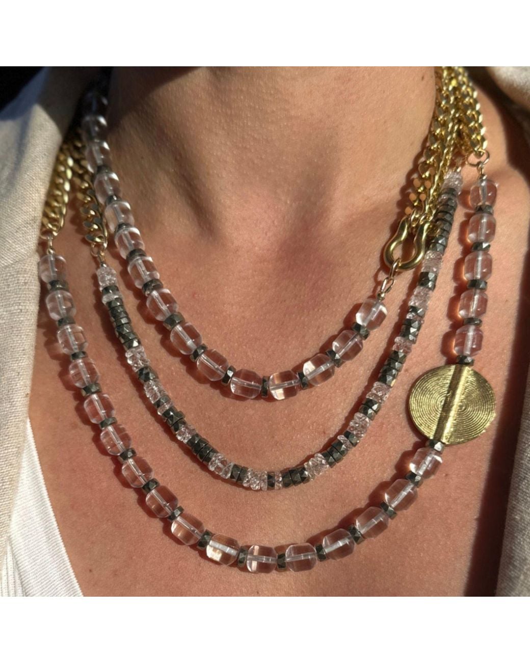 Rachel Nathan Metallic Shackle Duo: Rock Quartz & Pyrtie Necklace